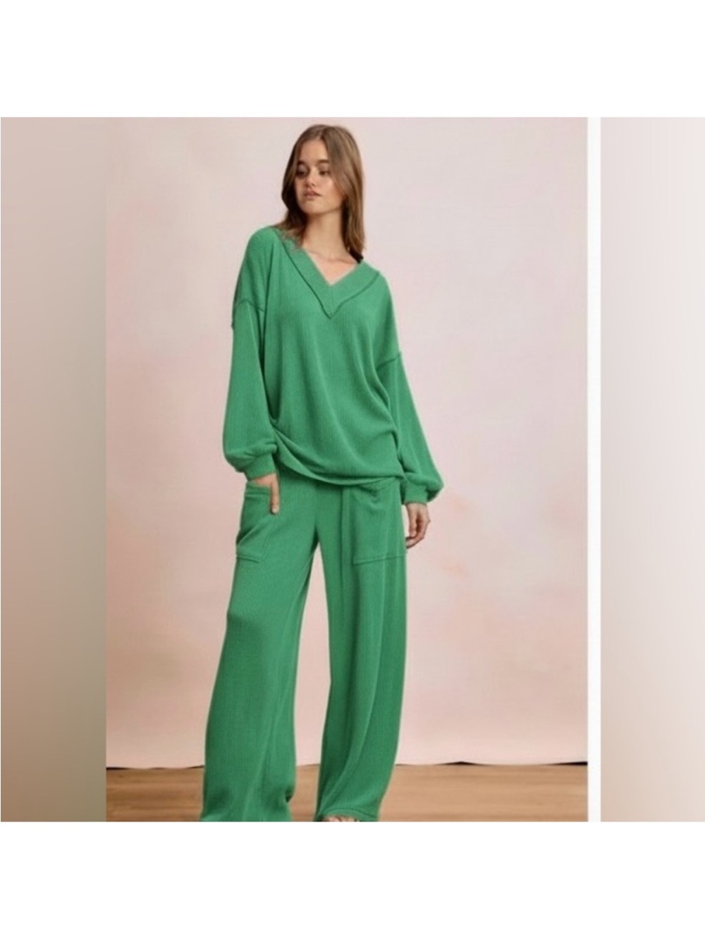 BiBi Relaxed V-Neck Knit Top & Wide-Leg Pants Set - Green
